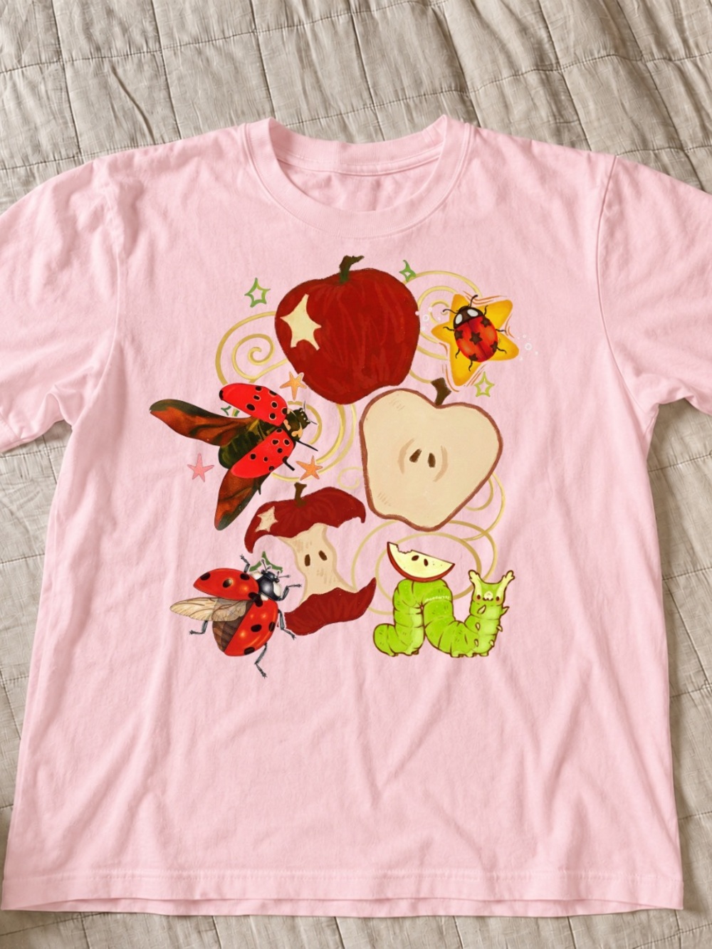 Light Pink Short Sleeve Tee with Ladybugs, Apples & Caterpillar Graphic